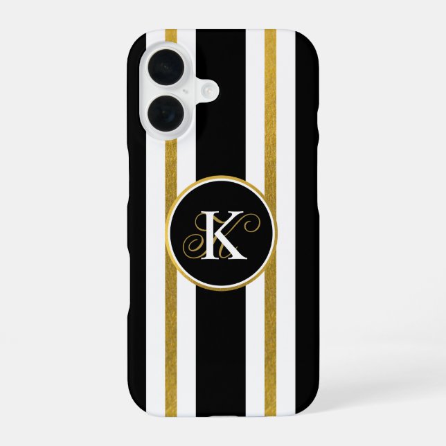 Personalised Elegant Black & Gold Stripes Monogram iPhone 16 Case (Back)