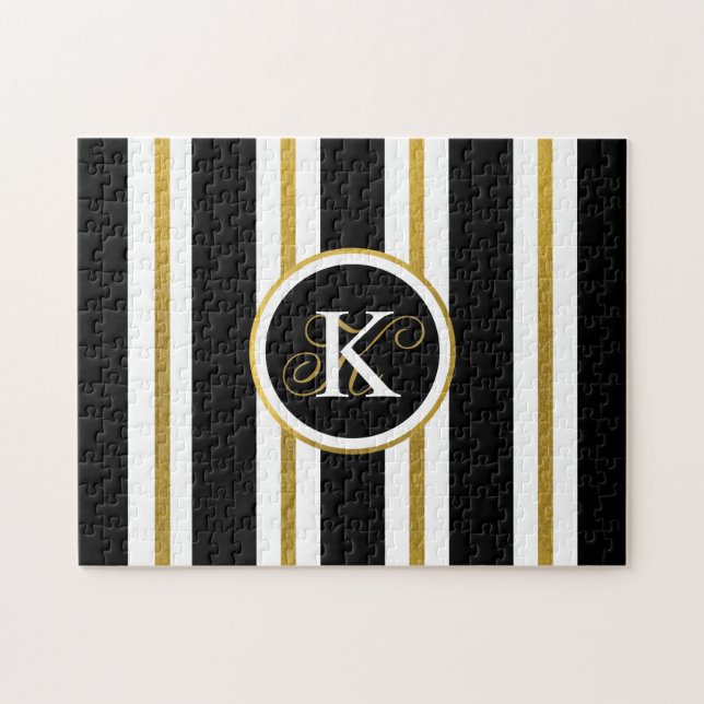 Personalised Elegant Black & Gold Stripes Monogram Jigsaw Puzzle (Horizontal)