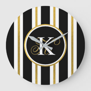 Personalised Elegant Black & Gold Stripes Monogram Large Clock