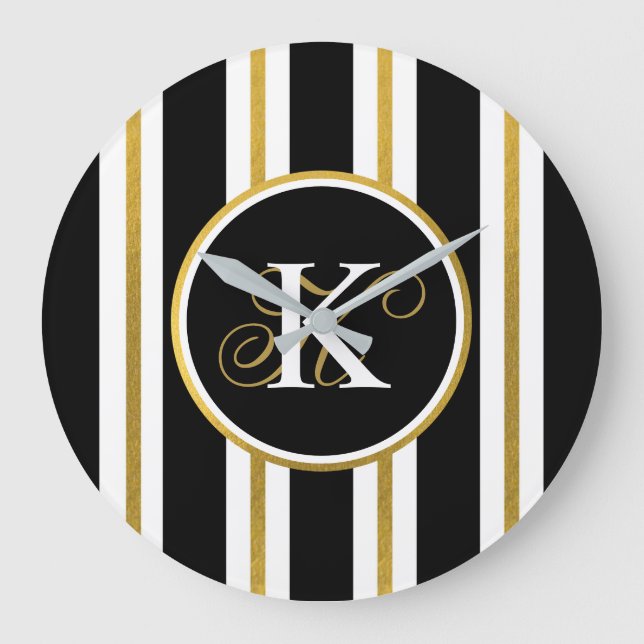 Personalised Elegant Black & Gold Stripes Monogram Large Clock (Front)