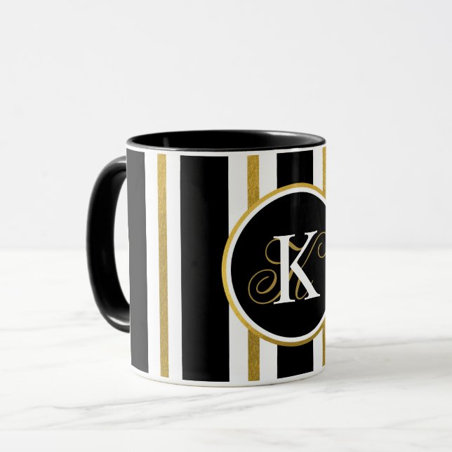 Personalised Elegant Black & Gold Stripes Monogram Mug (Front Left)