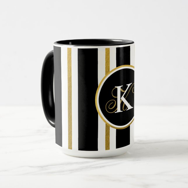Personalised Elegant Black & Gold Stripes Monogram Mug (Front Left)