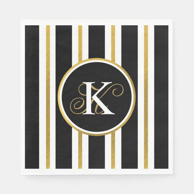 Personalised Elegant Black & Gold Stripes Monogram Napkin (Front)