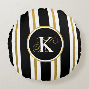 Personalised Elegant Black & Gold Stripes Monogram Round Cushion
