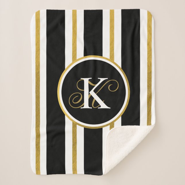 Personalised Elegant Black & Gold Stripes Monogram Sherpa Blanket (Front)