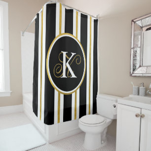 Personalised Elegant Black & Gold Stripes Monogram Shower Curtain