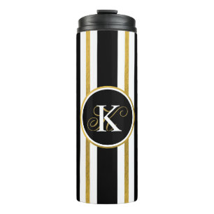 Personalised Elegant Black & Gold Stripes Monogram Thermal Tumbler