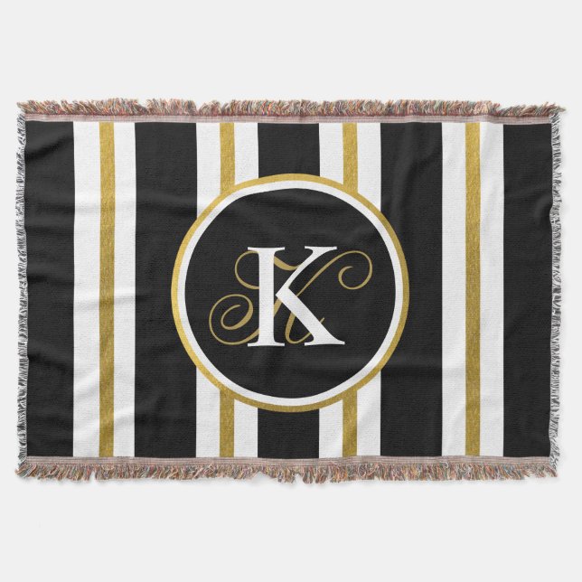 Personalised Elegant Black & Gold Stripes Monogram Throw Blanket (Front)