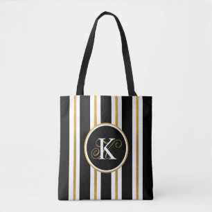 Personalised Elegant Black & Gold Stripes Monogram Tote Bag