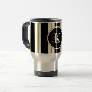 Personalised Elegant Black & Gold Stripes Monogram Travel Mug
