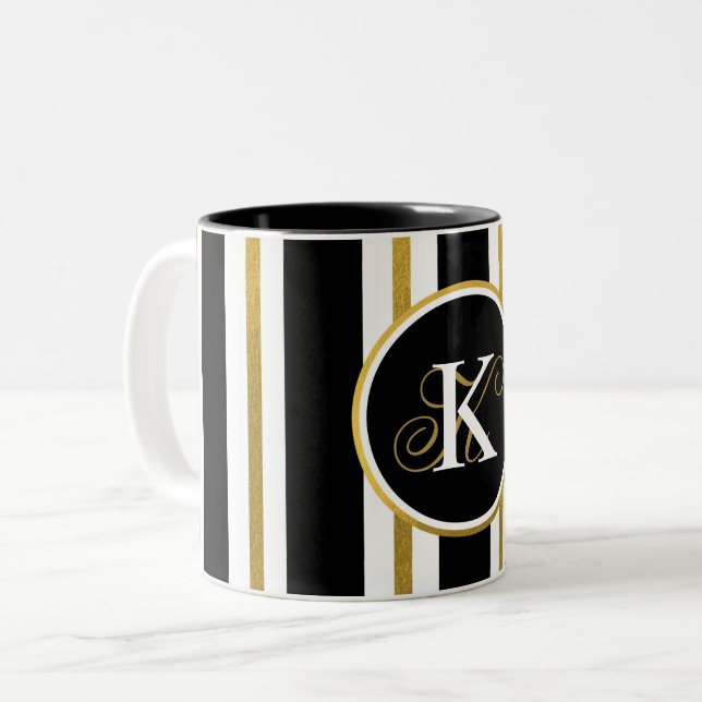 Personalised Elegant Black & Gold Stripes Monogram Two-Tone Coffee Mug (Front Left)