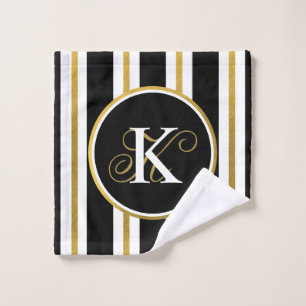Personalised Elegant Black & Gold Stripes Monogram Wash Cloth