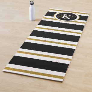 Personalised Elegant Black & Gold Stripes Monogram Yoga Mat