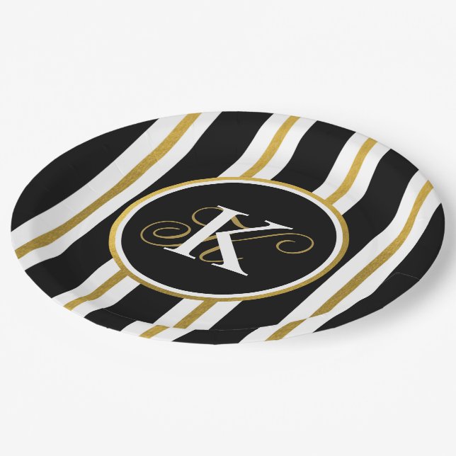 Personalised Elegant Black & Gold Stripes Paper Plate (Angled)