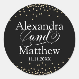Personalised Elegant Black Gold Wedding Classic Round Sticker
