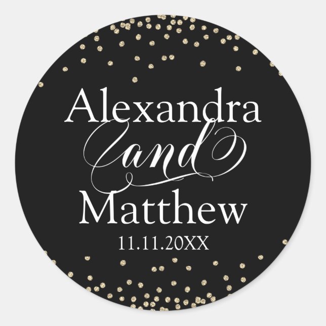 Personalised Elegant Black Gold Wedding Classic Round Sticker (Front)