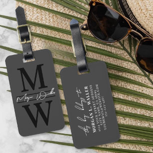 Personalised Elegant Black Grey Monogram Luggage Tag