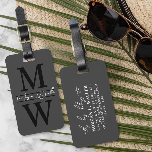 Personalised Elegant Black Grey Monogram Luggage Tag (Elegant Monogram Name Luggage Tag)