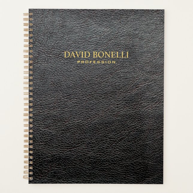 Personalised Elegant Black Leather Masculine Planner (Front)