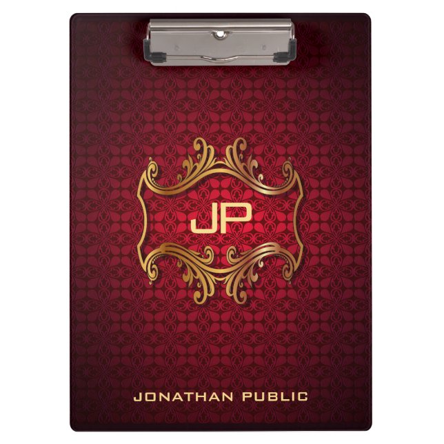Personalised Elegant Black Red Damask Monogram Clipboard (Front)