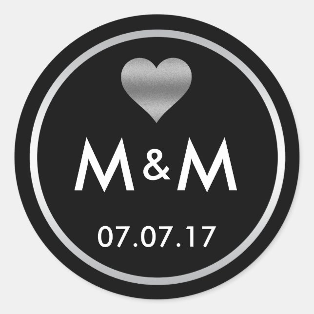 Personalised Elegant Black Silver Heart Wedding Classic Round Sticker (Front)