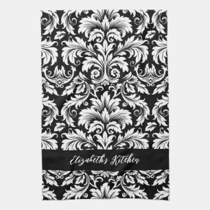 Personalised Elegant Black White Damask  Tea Towel