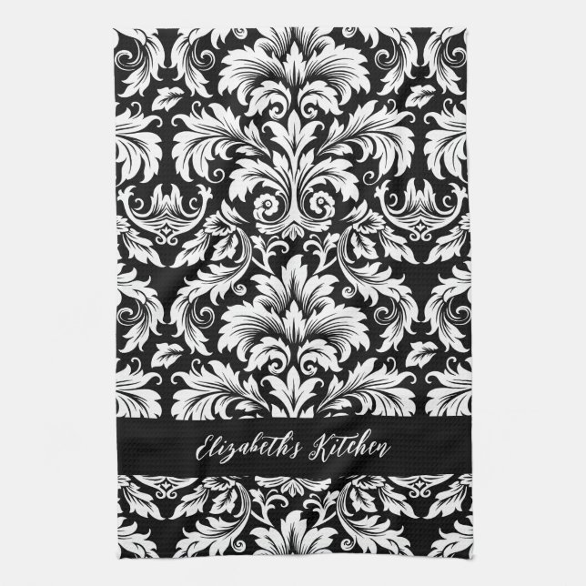 Personalised Elegant Black White Damask  Tea Towel (Vertical)