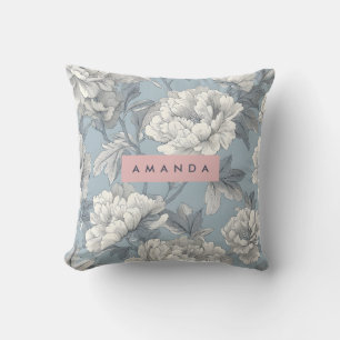 Personalised Elegant Blue and Cream Peony Floral Cushion