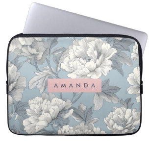 Personalised Elegant Blue and Cream Peony Floral  Laptop Sleeve
