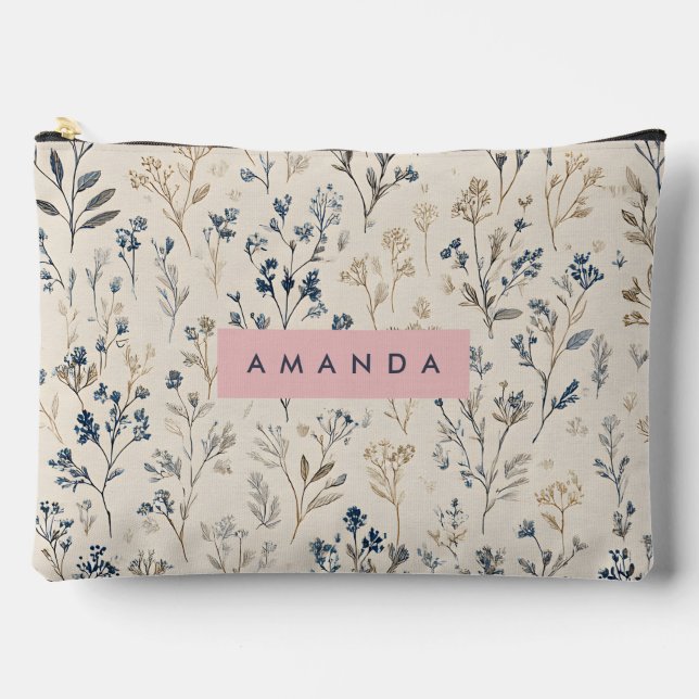 Personalised Elegant Blue & Beige Wildflower Accessory Pouch (Front)