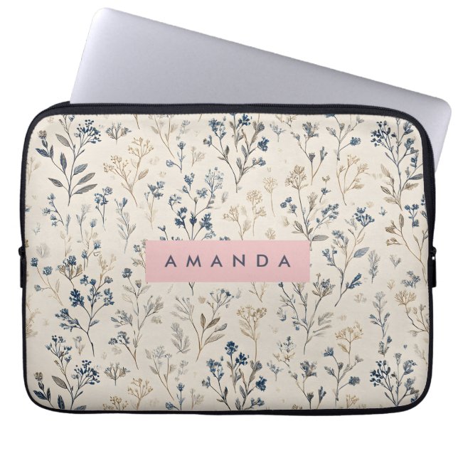 Personalised Elegant Blue & Beige Wildflower Laptop Sleeve (Front)