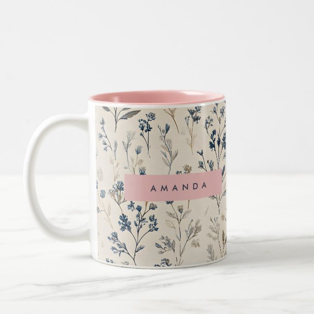 Personalised Elegant Blue & Beige Wildflower Two-Tone Coffee Mug (Left)