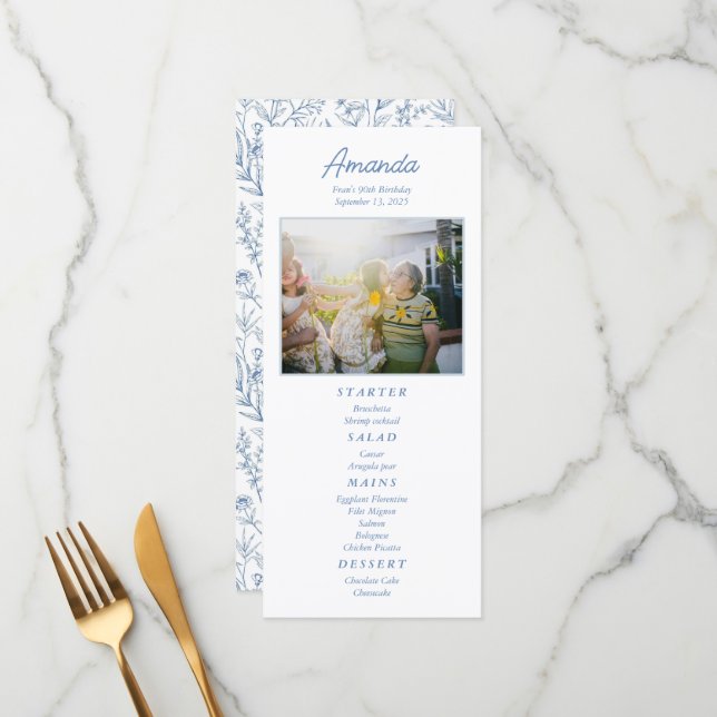 Personalised Elegant Blue Floral Birthday Menu (Front/Back In Situ)