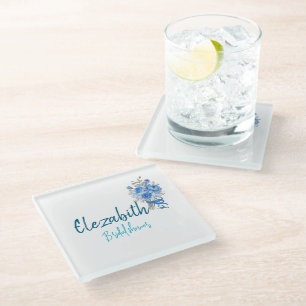 Personalised Elegant Blue Floral Bridal Shower Glass Coaster