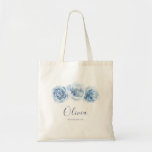 Personalised elegant blue floral bridesmaid tote bag<br><div class="desc">Modern chic navy calligraphy and dusty blue watercolor floral design,  elegant and stylish,  great personalised bridesmaid gifts.</div>