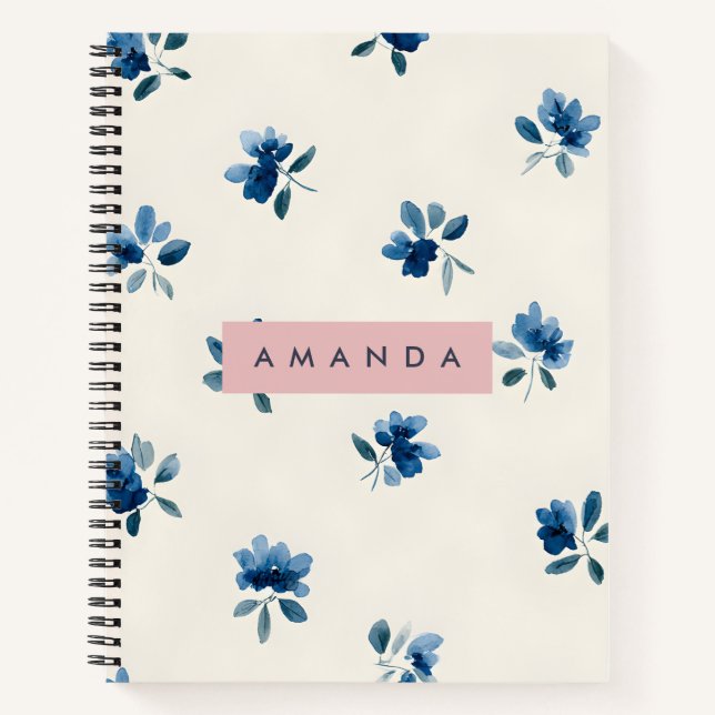 Personalised Elegant Blue Floral Design Notebook (Front)
