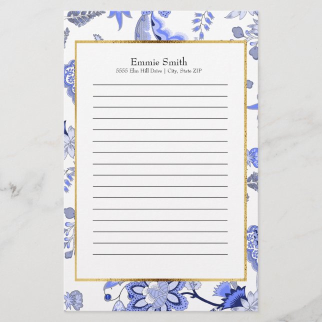 Personalised Elegant Blue Floral Stationery (Front)