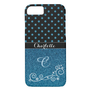 Personalised Elegant Blue Glitter Monogram Name iPhone 8/7 Case