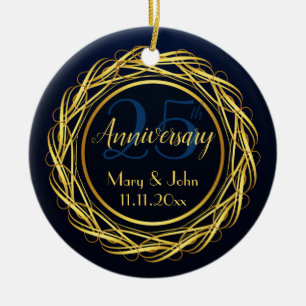 Personalised Elegant blue gold Anniversary Ceramic Tree Decoration