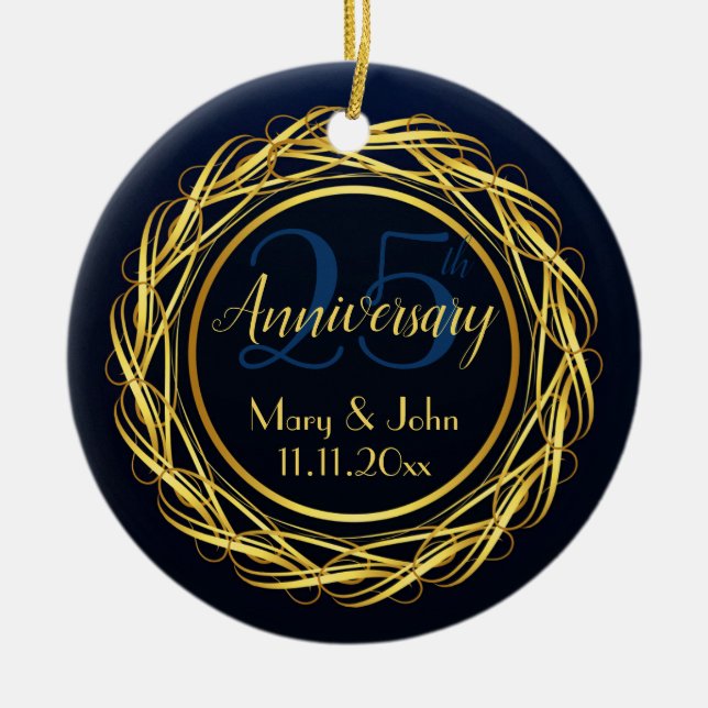 Personalised Elegant blue gold Anniversary Ceramic Tree Decoration (Front)