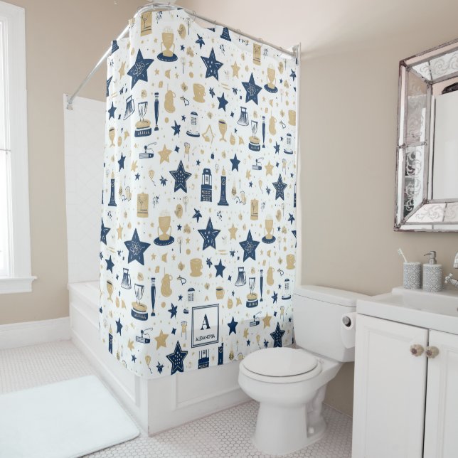 Personalised Elegant Blue & Gold Stars Pattern(12) Shower Curtain (In Situ)