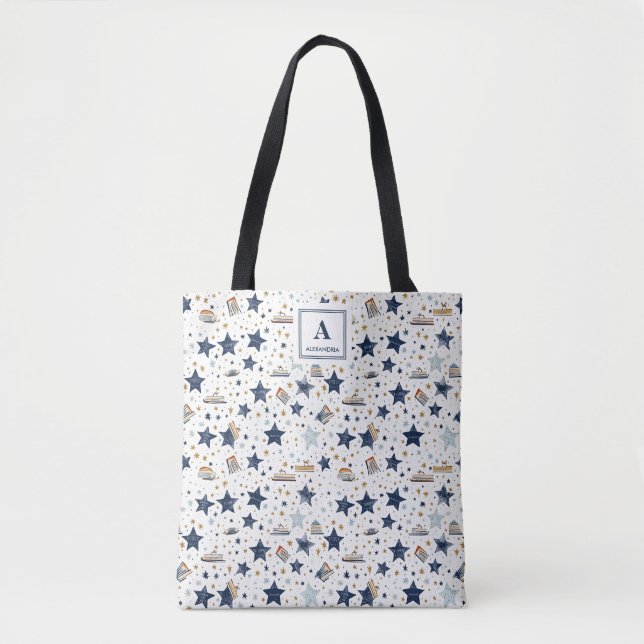 Personalised Elegant Blue & Gold Stars Pattern (3) Tote Bag (Front)