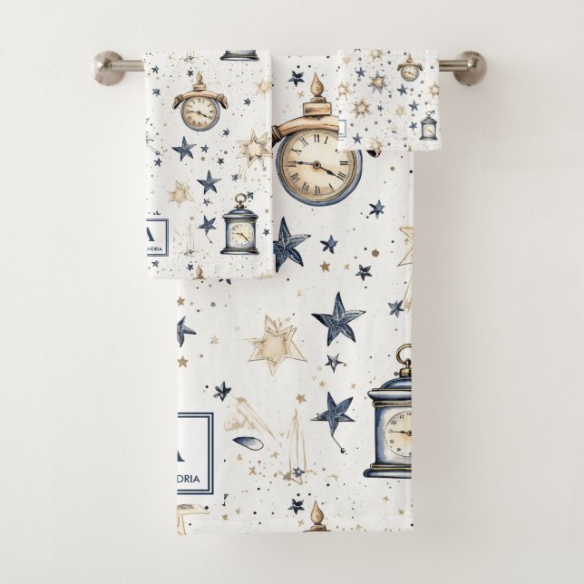 Personalised Elegant Blue & Gold Stars Pattern (4) Bath Towel Set (Insitu)
