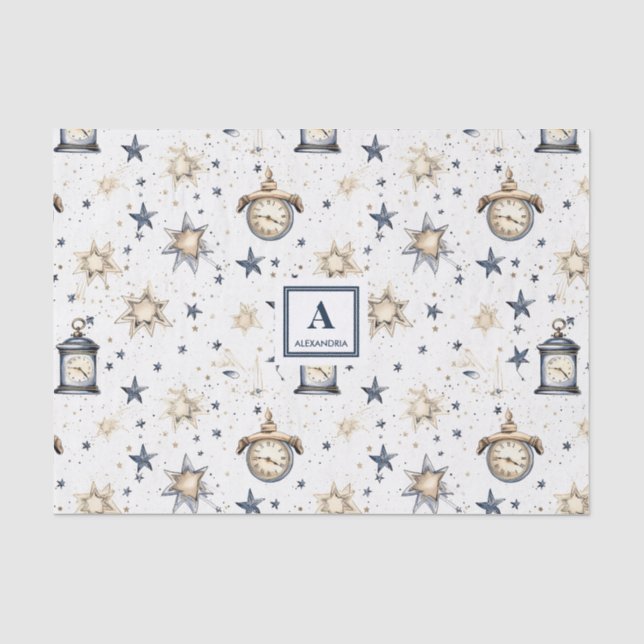 Personalised Elegant Blue & Gold Stars Pattern (4) Tissue Paper (Front)