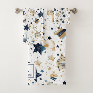 Personalised Elegant Blue & Gold Stars Pattern (6) Bath Towel Set