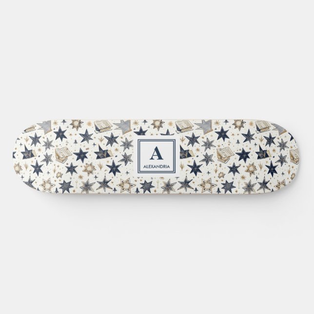 Personalised Elegant Blue & Gold Stars Pattern (8) Skateboard (Horz)