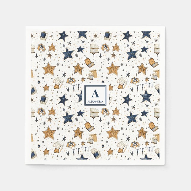 Personalised Elegant Blue & Gold Stars Pattern (9) Napkin (Front)
