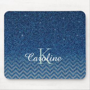 Personalised Elegant Blue Sparkle Glitter Monogram Mouse Mat