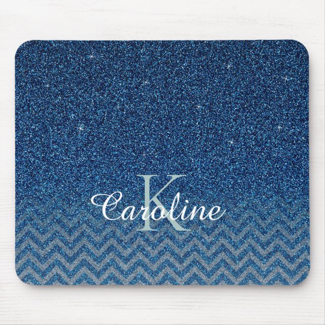 Personalised Elegant Blue Sparkle Glitter Monogram Mouse Mat (Front)