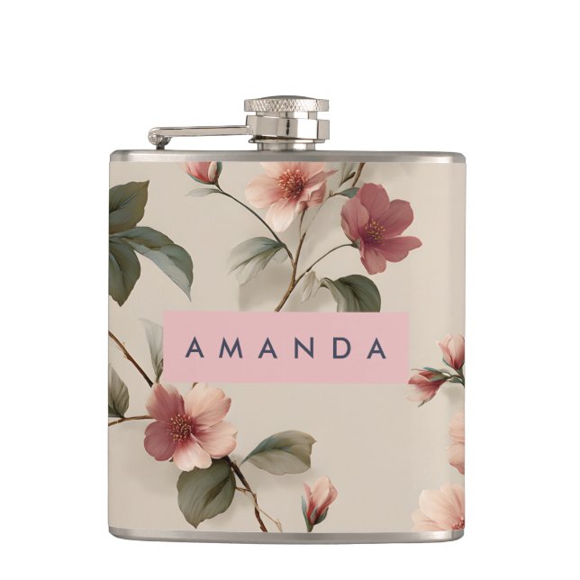 Personalised Elegant Blush Floral Vine Style Hip Flask (Front)